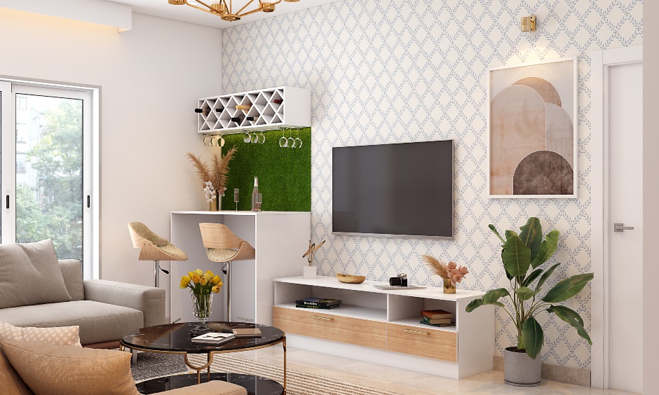 A mini bar designed for the living room with a tv unit features a box cabinet below with open shelves