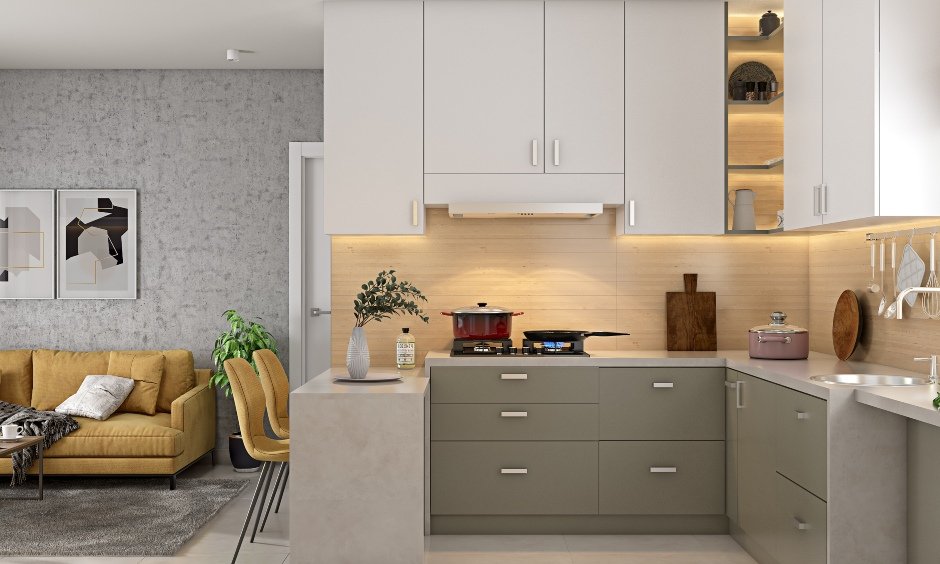 Modern 2bhk house design with open kitchen in grey and white with marble flooring