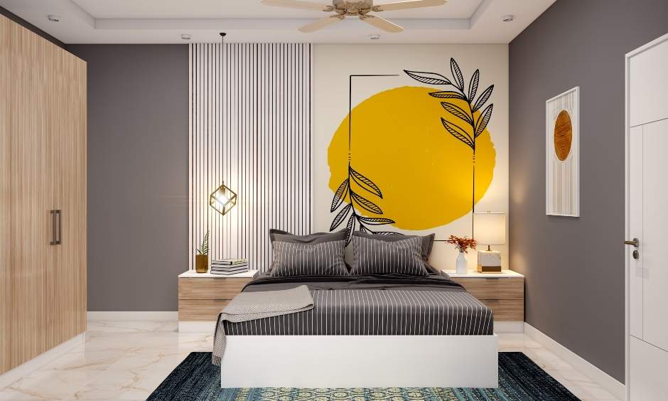 Modern bedroom in gray and wood with king-sized bed