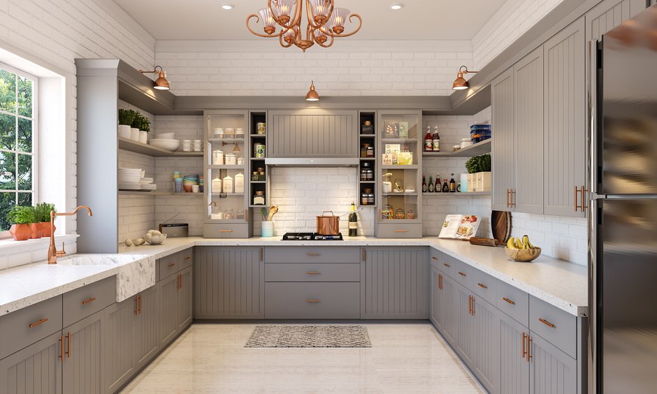 Modern kitchen interior design in muted colours of white and grey