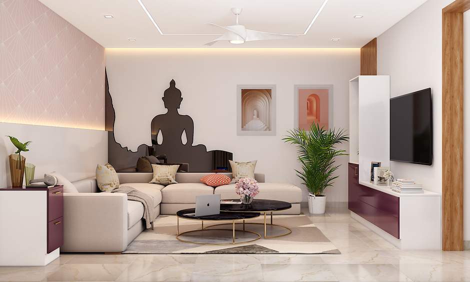 A modern luxury drawing room with oversized art, decorative mirrors, and a stylish gallery wall.