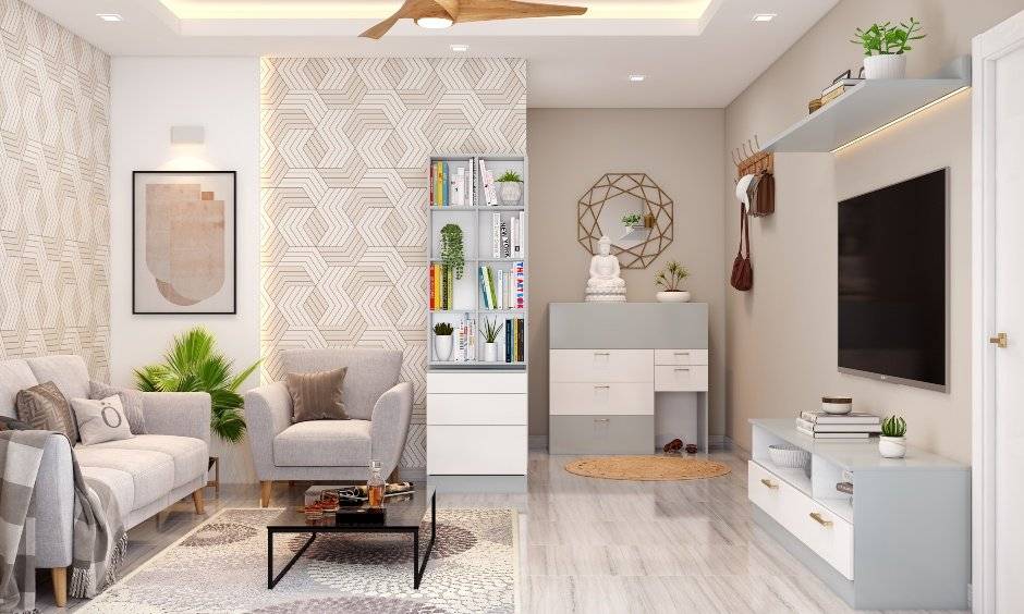 Modern minimalist living room with a bookshelf and 3-seater upholstered sofa make beautiful living room design