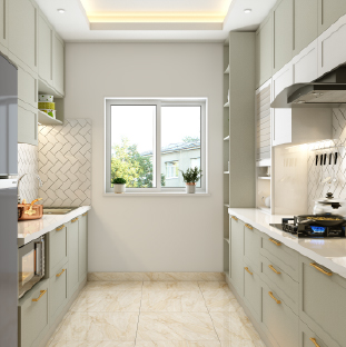 Modern parallel kitchen design in Bhubaneswar with neutral tones and open shelves
