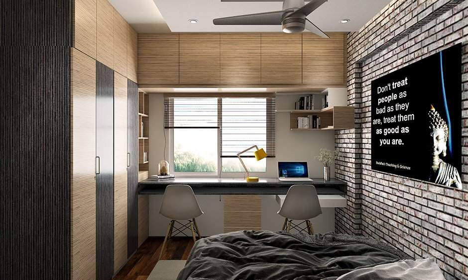 Modern study table attached to the wall against the window for more natural lights to flow design is a flawless fit.