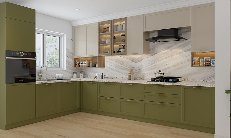 Modular kitchen cost in Ahmedabad with sage green and cream colour combination