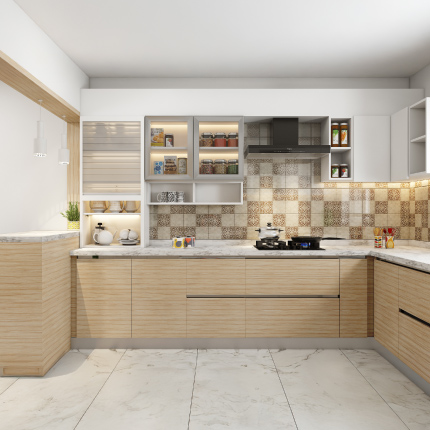 Modular kitchen design cost in Ahmedabad for veneer finish starts at ₹4 Lakhs