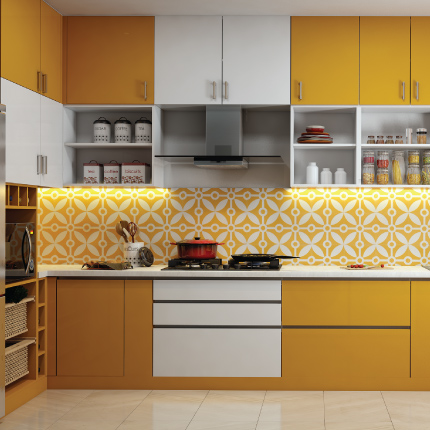 Modular kitchen design Mumbai with yellow and white cabinets