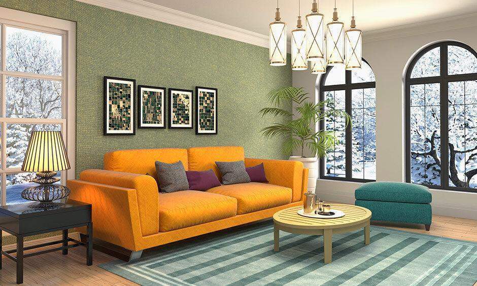 Olive green walls paired with ochre accents create a vibrant drawing room wall colour design.
