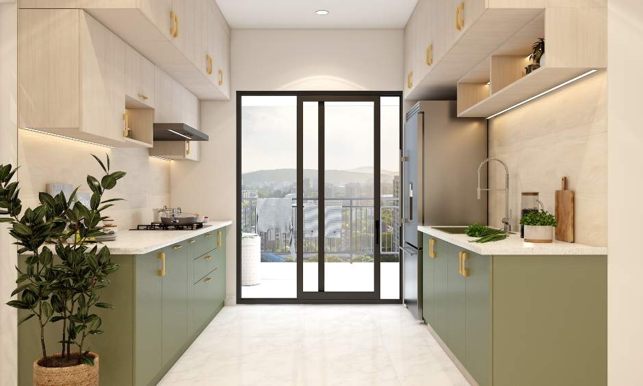 Parallel kitchen design with sage green lower cabinets and white upper cabinets