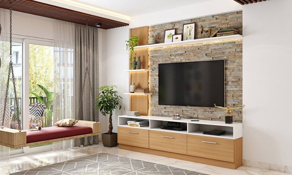 Rustic interior design style which has back-lit shelves against a brick wall