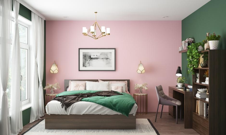 Sage green and pink bedroom combination with soft lighting, airy curtains and a stylish feminine vibe