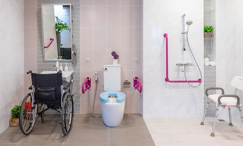 Senior citizen bathroom design with a fresh pop of hot pink