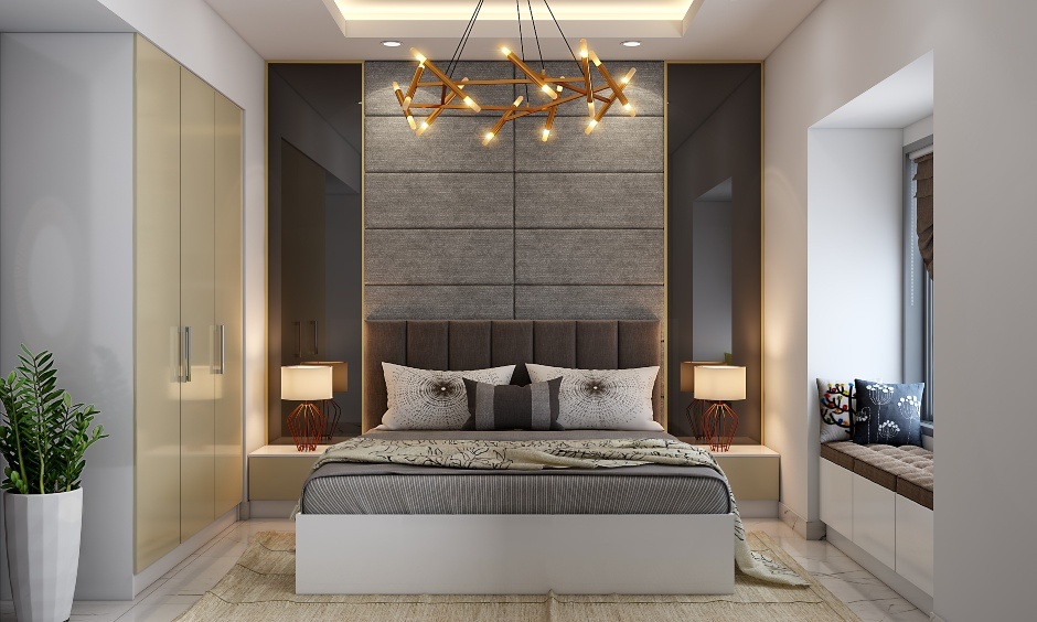 Simple bedroom wall design featuring mirrors to enhance light in smaller rooms and add elegance to larger ones.