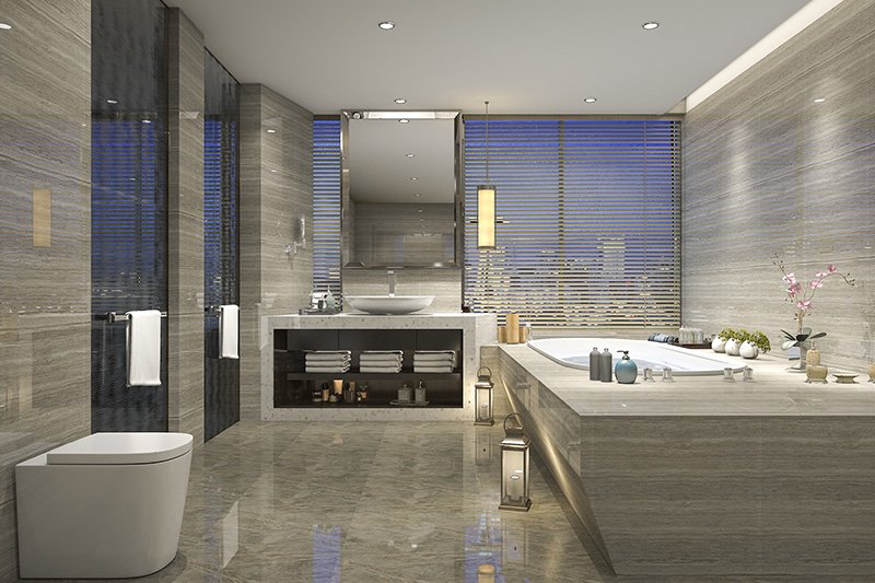 Small bathroom floor tile ideas with a shiney grey tile matching to the bathroom floor tiles design