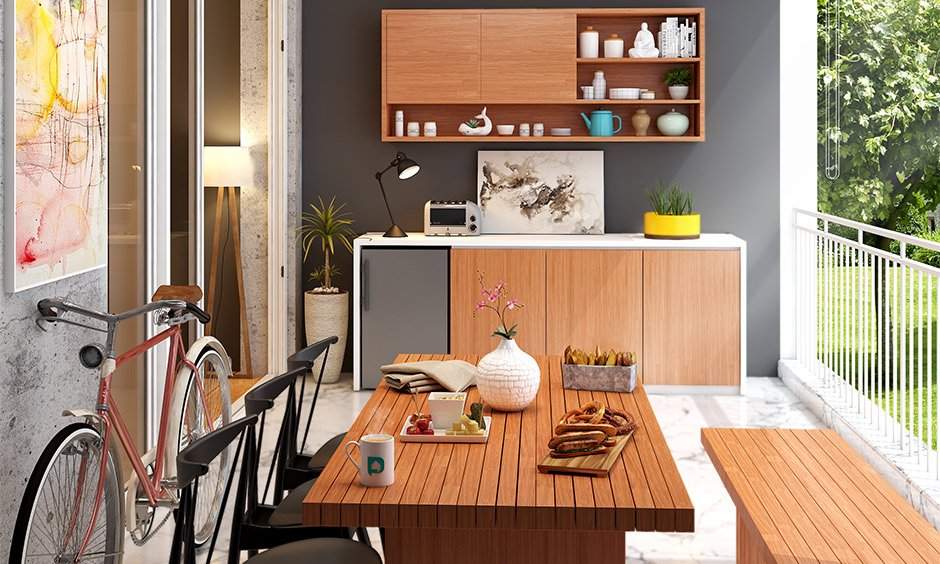 Small farmhouse dining table made of wood for balcony