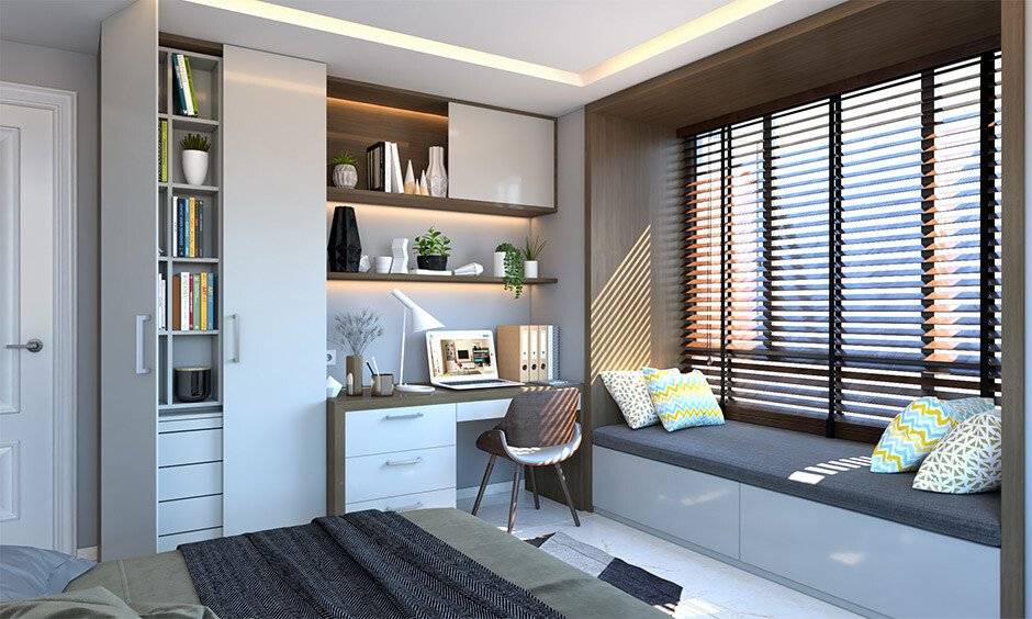 Small study room design using a window deck for a modern look
