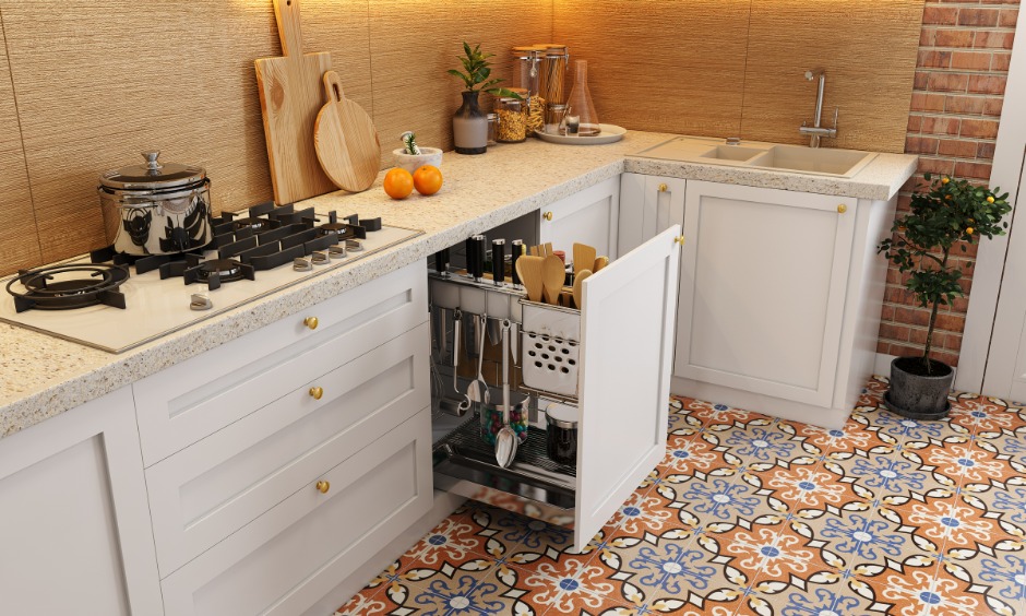 Smartly designed kitchen with modular layouts, showcasing innovative trends in space-saving interiors.