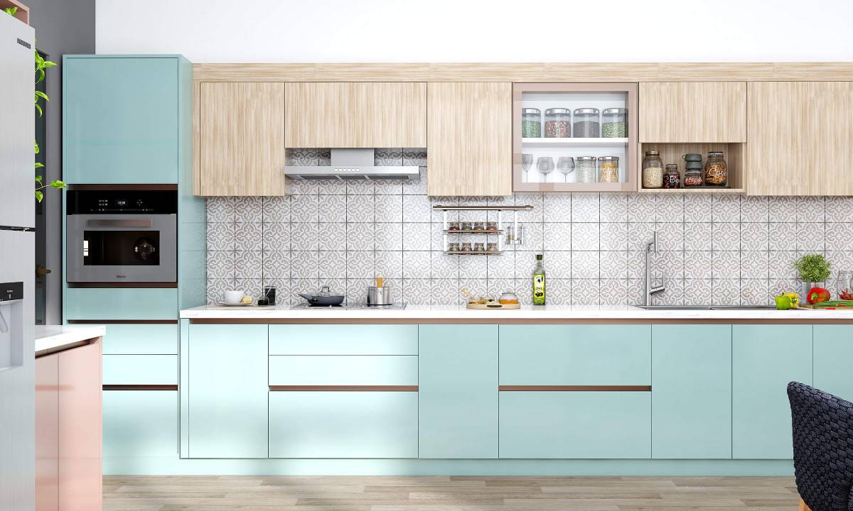 Straight kitchen with appliance storage layout used in modular kitchen cost guides