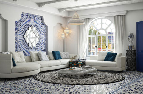 Speckled terrazzo tile flooring in a modern living room with a cool, nostalgic look