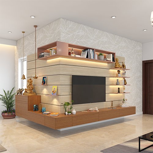 Top interior design company in Gachibowli, Hyderabad, designed a space saving TV unit and mandir