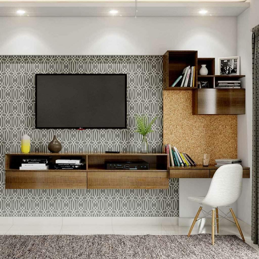 Bedroom TV unit with a study table to keep your entertainment together