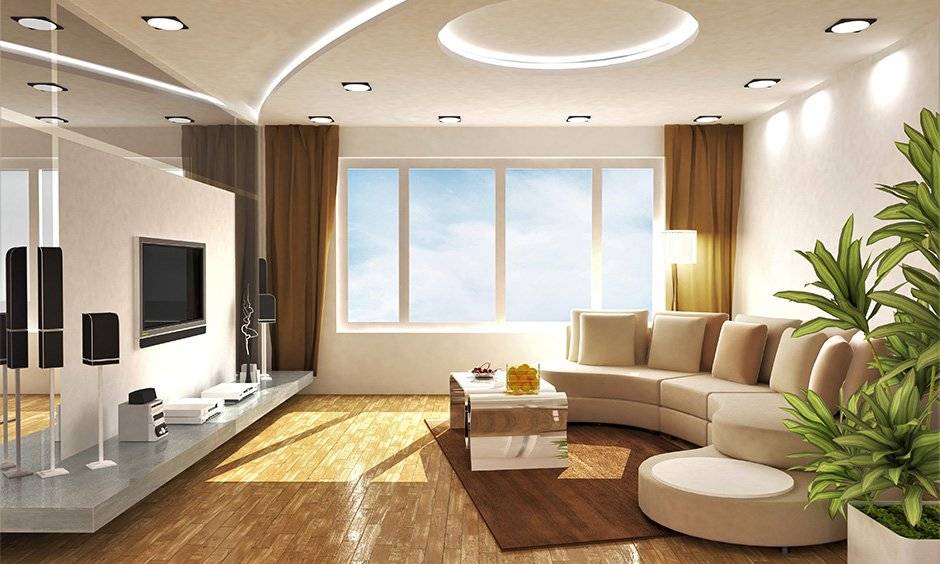 POP false ceiling design for brown-toned drawing room with recessed lights