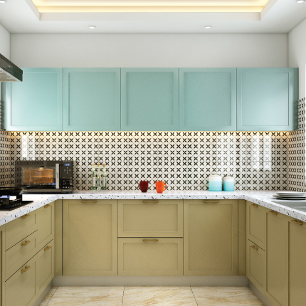 U-shaped modular kitchen design in Mumbai with pastel cabinets