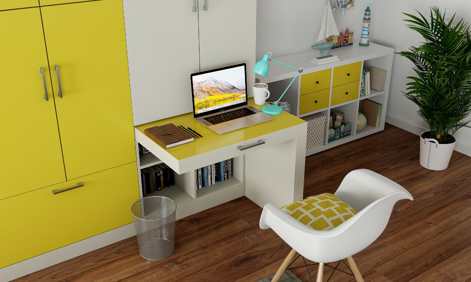 Wardrobe design with a pull-out study table, bookshelf and bottom drawer for extra storage space