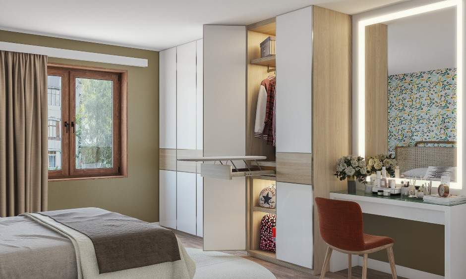 Best wardrobe for kids bedroom with a white color wardrobe attached dressing unit