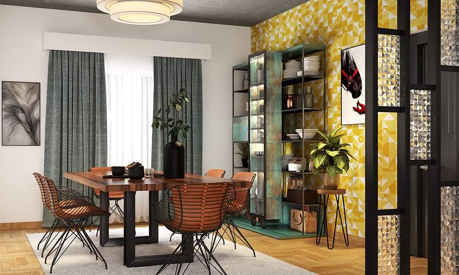 Wood-top dining table in farmhouse style with metal legs